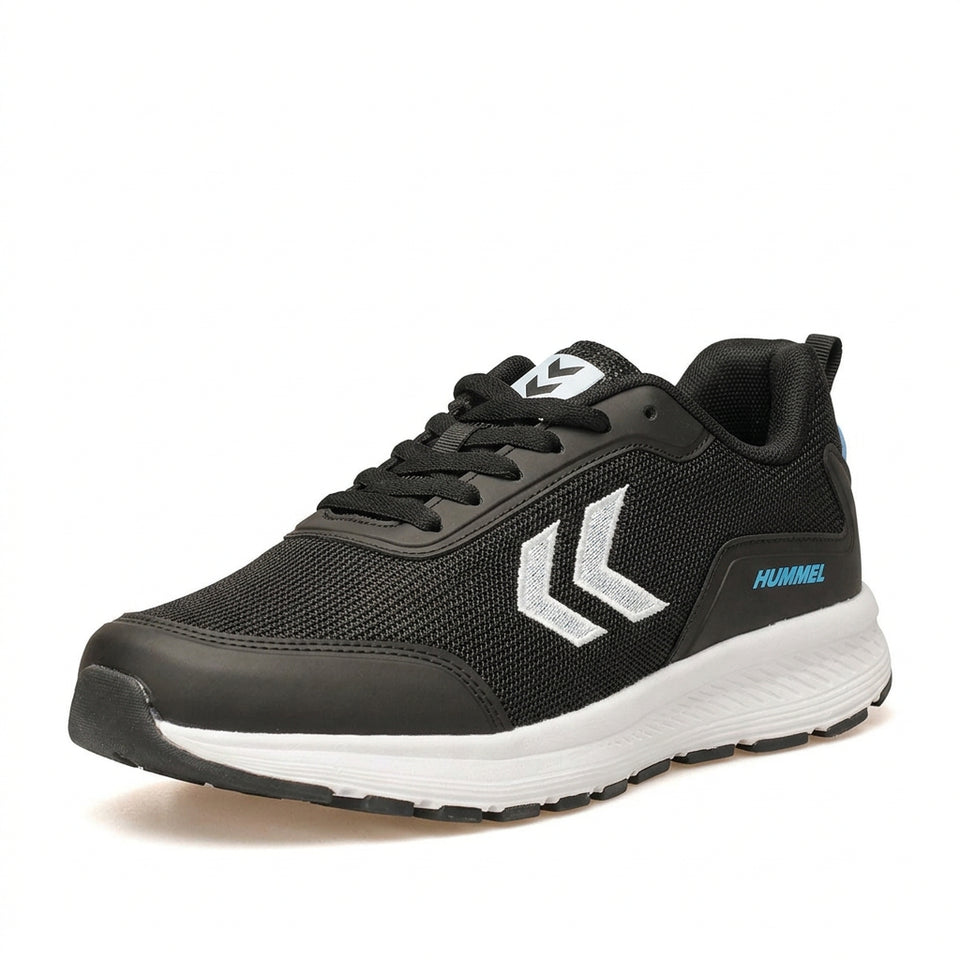 A black and white Hummel athletic sneaker with a light blue heel accent, shown from the side against a light gray background.