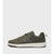 Navy blue sneaker with white laces on a white background