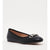 A black leather ballet flat shoe with a pointed toe and a decorative silver-tone metal and crystal embellishment on the vamp, shown against a plain light gray background.