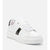 A white low-top platform sneaker with a glossy black side stripe, white laces, and a chunky white sole, shown from a three-quarters angle on a light gray background.