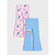 Two pairs of children's flare leggings laid flat on a light gray background. The top pair is light pink with an all-over cartoon dog print in blue, black, and white.