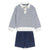 A two-piece children's outfit set featuring a navy and white horizontally striped long-sleeve polo shirt with white ribbed cuffs and hem, paired with navy blue shorts that have a drawstring waist and front patch pockets, shown on a plain white background.