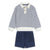 A two-piece children's outfit set featuring a navy and white horizontally striped long-sleeve polo shirt with white ribbed cuffs and hem, paired with navy blue shorts that have a drawstring waist and front patch pockets, shown on a plain white background.