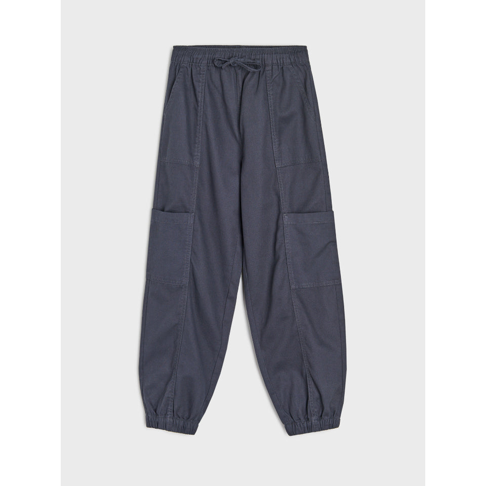 A pair of dark slate blue cargo jogger pants with an elastic drawstring waist, side cargo pockets, and elasticized ankle cuffs, shown flat on a light gray background.