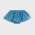 A pair of toddler denim bloomers in a medium blue color, decorated with small white embroidered stars, shown against a light gray background.