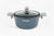 Blue speckled cookware set with a lid on a white background