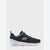 A Skechers walking shoe in black mesh with light blue accents and a white sole, shown from the side against a light gray background.