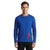 A man wearing a royal blue long-sleeve crewneck shirt with a colorful graphic print on the lower right front, paired with black pants, against a plain white background.