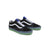 A pair of black Vans Old Skool sneakers with white laces, a white side stripe, blue tongue accents, and translucent green soles, shown on a plain white background.