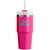 A bright pink Stanley tumbler with a clear lid and straw, featuring the teal Stanley logo on the front, set against a plain white background.