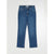 A pair of medium-wash blue denim jeans with a straight-leg fit, shown flat against a light gray background.