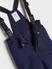 Navy blue overalls with black suspenders on a white background