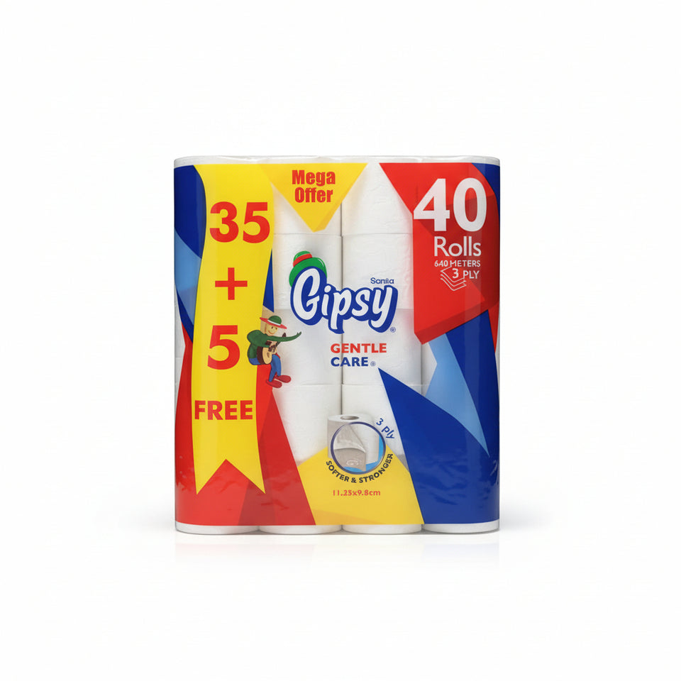 Gipsy Gentle Care toilet paper package with promotional text on a colorful background
