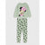 A two-piece children's pajama set featuring a light sage green sweatshirt with a Minnie Mouse graphic on the front, and matching sage green leggings with a black heart pattern, displayed on a light gray background.