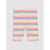 A pair of ribbed knit baby leggings with horizontal pastel stripes in pink, blue, yellow, and green, displayed flat against a light gray background.