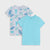 Two children's short-sleeve T-shirts on a light gray background. The front shirt is light aqua blue with a single chest pocket, and the back shirt is white with a blue dinosaur print.