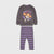 A children's two-piece pajama set featuring a dark gray sweatshirt with a 'Scary Cute' cartoon dog graphic and matching purple and dark gray striped leggings, shown on a light gray background.