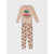 A two-piece children's pajama set laid flat on a light gray background. The long-sleeve top is a warm beige/tan color with a graphic of a red van carrying a Christmas tree and the text 'TOO ZOOM SHINNY'S COMING SOON'.