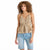 A woman modeling a beige and black leopard print camisole top with ruffles, paired with light blue denim shorts, against a plain white background.