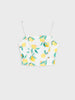 White crop top with lemon pattern on a light gray background