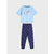 A two-piece children's pajama set laid flat on a light gray background. The set includes a light blue short-sleeve top with a pink and black graphic print on the front, and navy blue jogger pants covered in a pattern of small pink, white, and dark blue hearts.