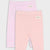 Two pairs of baby leggings from the brand 'meadon' shown on a light gray background. The front pair is light pink with a fine ribbed texture, and the back pair is light pink and white gingham check.