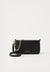 Black handbag with gold chain strap on a white background