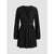 A black long-sleeve wrap dress with a pleated texture, featuring a V-neckline and a self-tie waist belt, shown against a light gray background.