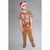A young boy wearing a brown short-sleeve t-shirt with a gingerbread man pattern, brown pants, and a red and white Santa hat, standing against a solid gray studio background.