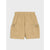 A pair of beige cargo shorts with an elastic waistband and two side cargo pockets, shown flat against a light gray background.