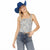 A woman modeling a sleeveless cropped top with a blue and white floral pattern and a front zipper, paired with blue jeans and a blue cowboy hat, against a plain white background.