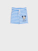 Blue and white striped shorts with a Mickey Mouse design on a white background
