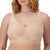 A woman wearing a beige wireless bra with subtle tonal floral embroidery, shown from the chest up against a plain white background.