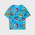 A kids' short-sleeve t-shirt in bright blue, featuring an all-over cartoon Paw Patrol character print including pups and the 'PP' logo.