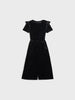 Black velvet dress with ruffled sleeves on a white background