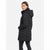 A woman modeling a black hooded puffer coat with horizontal quilting, shown from a side-back angle against a plain light gray studio background.
