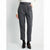 A model wearing high-waisted dark gray pleated trousers with a matching dark gray belt, styled with a white long-sleeve top, black socks, and black patent Mary Jane shoes against a light gray studio background.