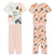 Two children's short-sleeve pajama sets shown on a plain white background. The left set has a white top with cat illustrations and the text 'MEOW QUAT!' paired with light pink pants.