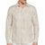 A man wearing a light beige long-sleeve button-up shirt with a subtle tonal geometric pattern, shown from the neck down against a plain white background.