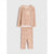 A two-piece children's pajama set in a soft peach-beige velour fabric, featuring a long-sleeve top with a small embroidered squirrel on the chest and matching patterned pants.