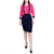 A woman modeling a two-piece outfit consisting of a bright pink cropped jacket with dark navy trim over a matching pink top and a dark navy textured pencil skirt, paired with black heels, on a plain white background.