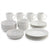 A 16-piece white ceramic dinnerware set with a ribbed texture, including four mugs, four small bowls, four plates, and four shallow bowls, arranged on a white background.