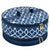 A round zippered storage case with a navy blue and white geometric trellis pattern, featuring a top handle and gold-tone zipper pulls, shown on a plain white background.