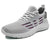 A light gray and white knit athletic sneaker with white laces and purple accent stripes on the side, shown against a plain white background.