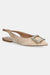Beige slingback flat shoe with a decorative buckle on a white background