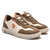 A pair of Polo Ralph Lauren sneakers in brown, white, and orange. The shoes feature a white and brown leather upper with orange accents, including the signature polo player logo on the side and orange eyelets, set against a plain white background.