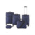 A 4-piece navy blue luggage set including two spinner suitcases, one telescoping handle duffel, and one small zippered pouch, displayed on a clean white background.