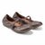 A pair of metallic bronze Mary Jane flats with elastic straps and a small buckle detail, shown on a clean white background.