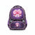 A purple and pink school backpack with a large bow graphic on the front, resting on a tiled floor.