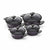 Cookware set packaging with pots and lids on a clear background